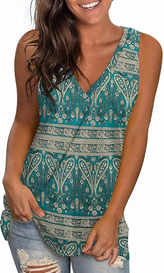 LONGYUAN Womens Summer Sleeveless Tank Tops Vneck Loose Fit Tunic Side Split Tshirt Casual Blouse 2023
