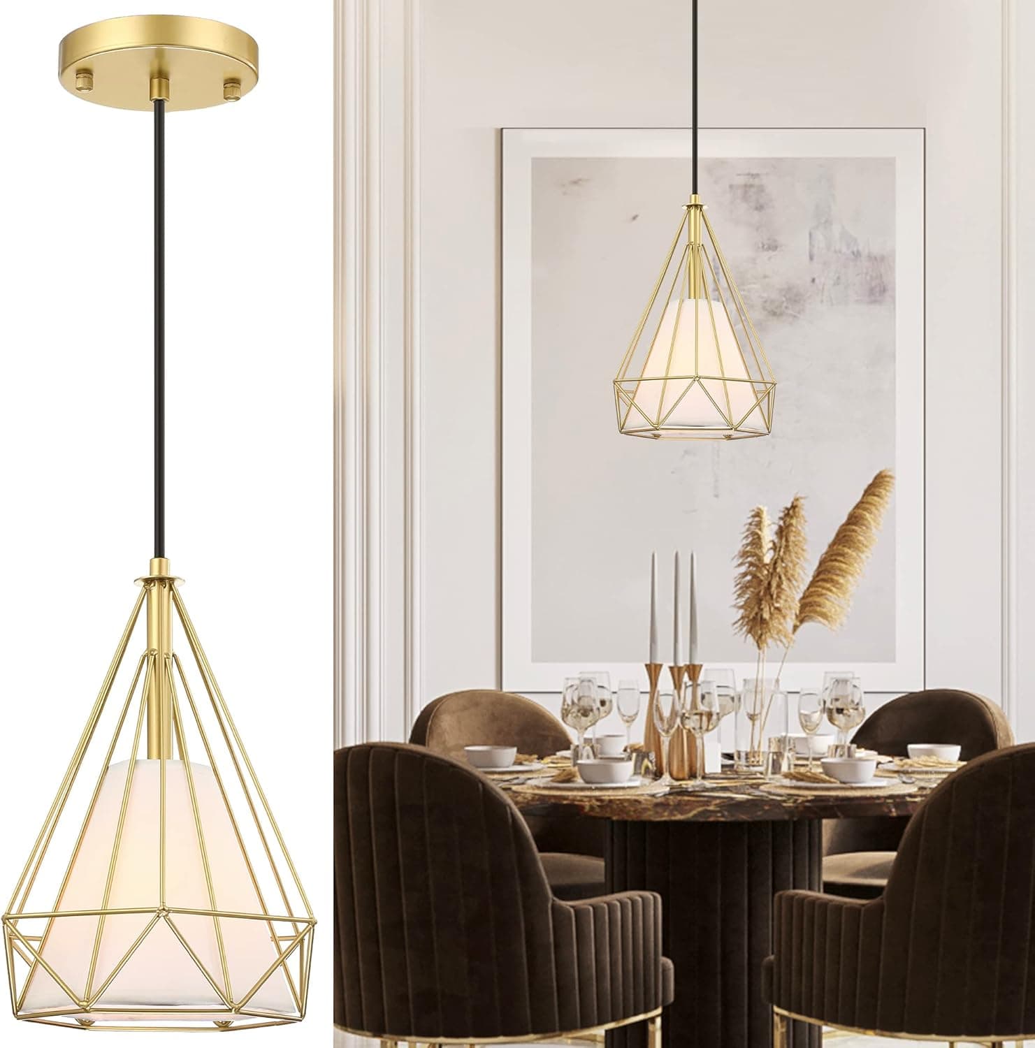Untrammelife 1-Light Gold Pendant Light, Pendant Lights Kitchen Island with Metal Diamond Cage Shade, Adjustable Hanging Light Fixtures, Modern Chandeliers for Dining Room, Bedrooms, Living Room, Bar