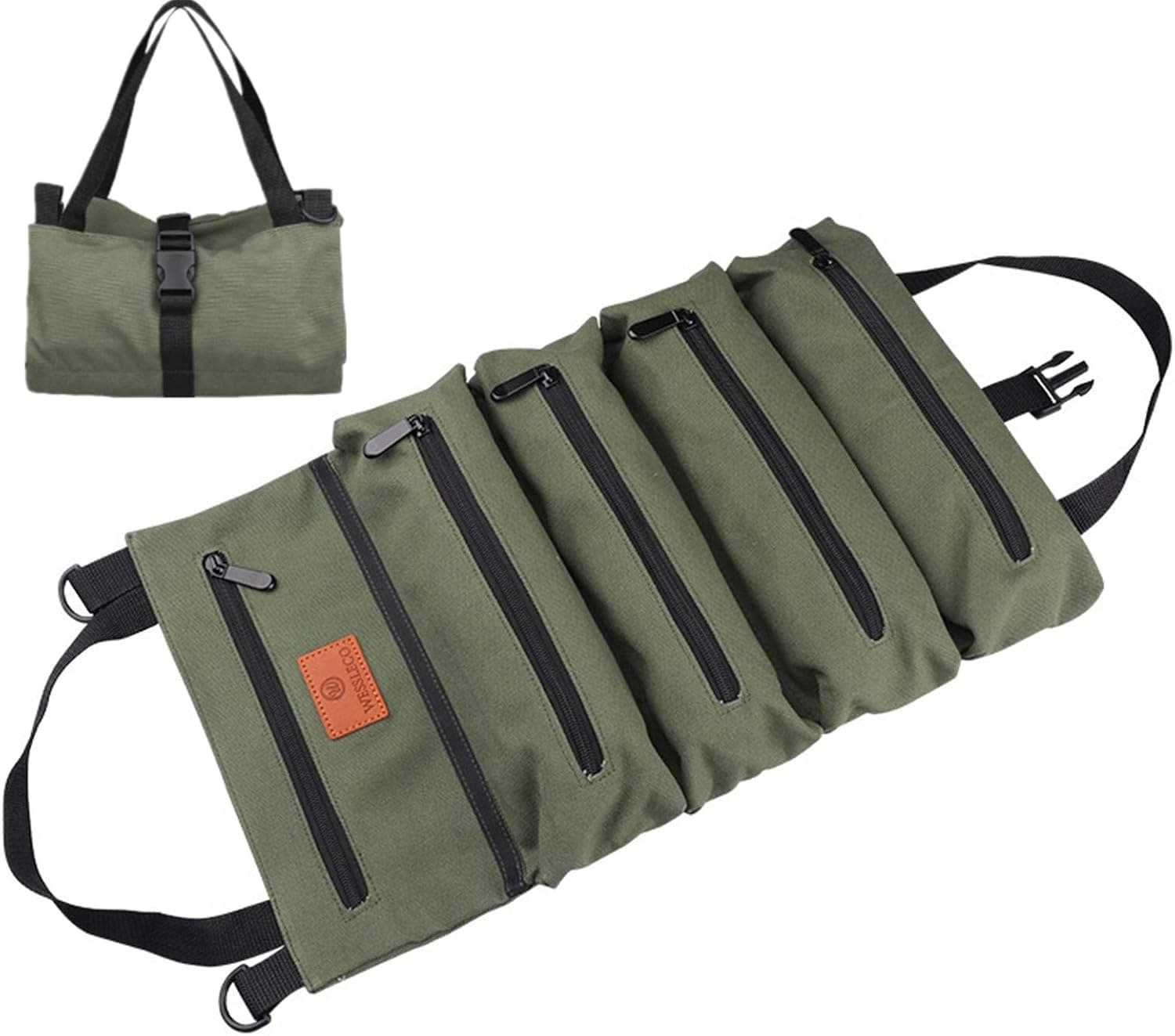 Roll Up Canavas Tool Bag,Multi-Purpose Tool Organizer,Tool Roll Pouch with 5 Spacious Pockets (Green)