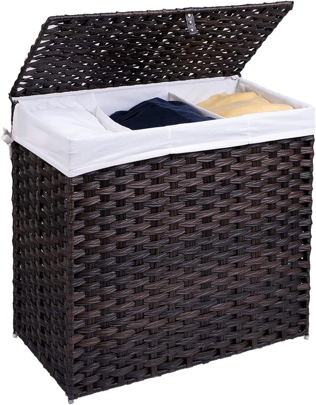 Crehomfy Laundry Hamper with Lid and Handle, 130L Synthetic Rattan Wicker Handwoven Laundry Basket, 3 Section Divided Dirty Clothes Hamper with Removable Liner Bag for Laundry Room Bedroom Brown