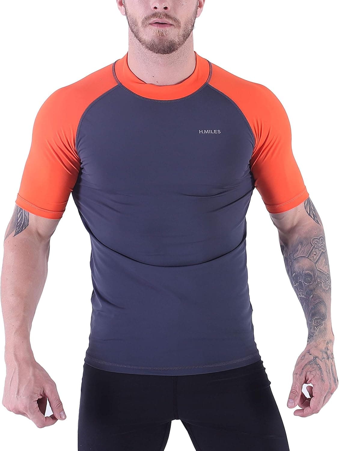 V VICROAD Men’s Short Sleeve Rash Guard Swim Tops Quick Dry Athletic Surf Shirts UPF 50+ Asphalt/Orange-3XL