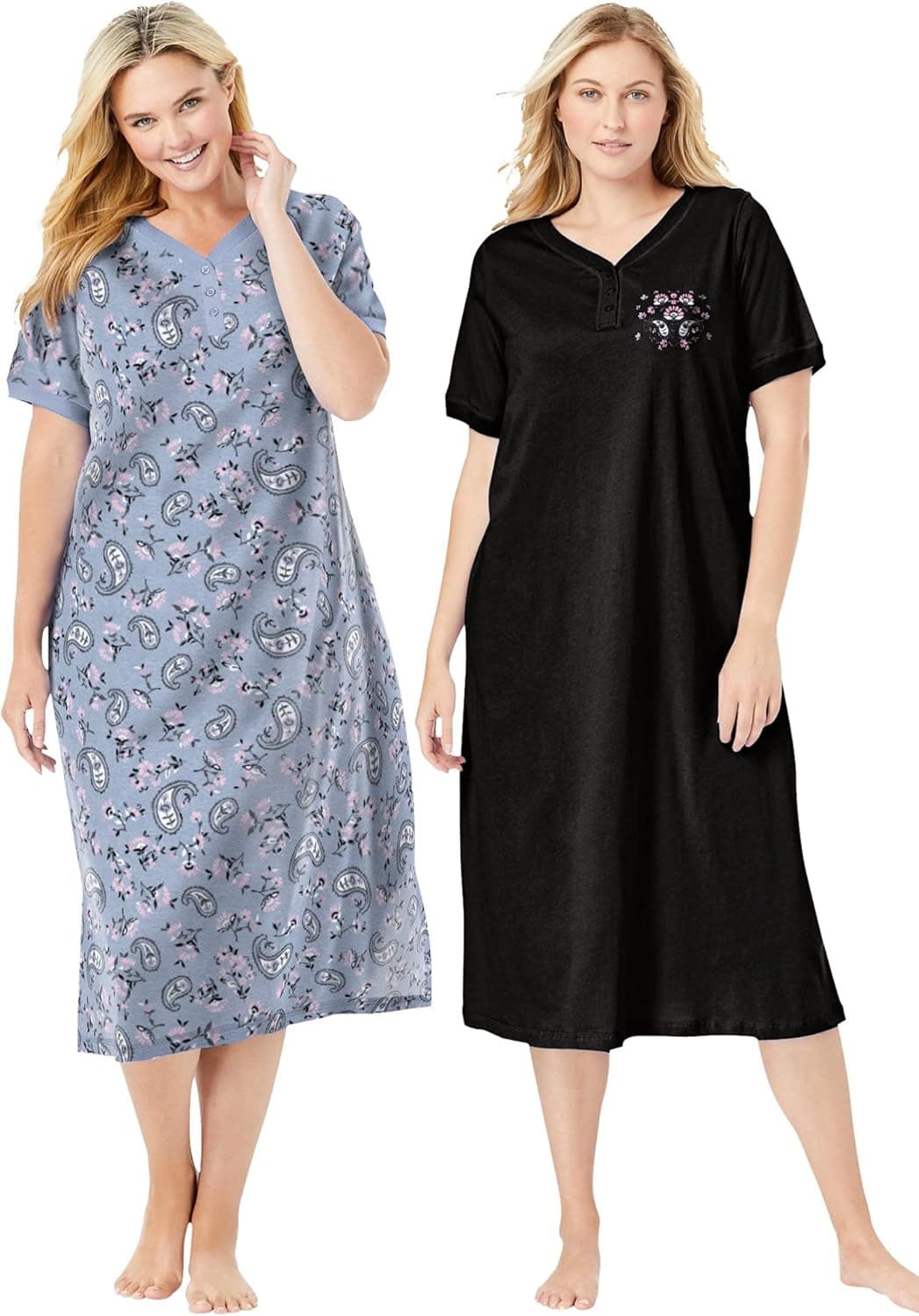 Dreams & Co. Women's Plus Size 2-Pack Long Henley Sleepshirt Nightgown - 22/24, Heather Grey Paisley Gray