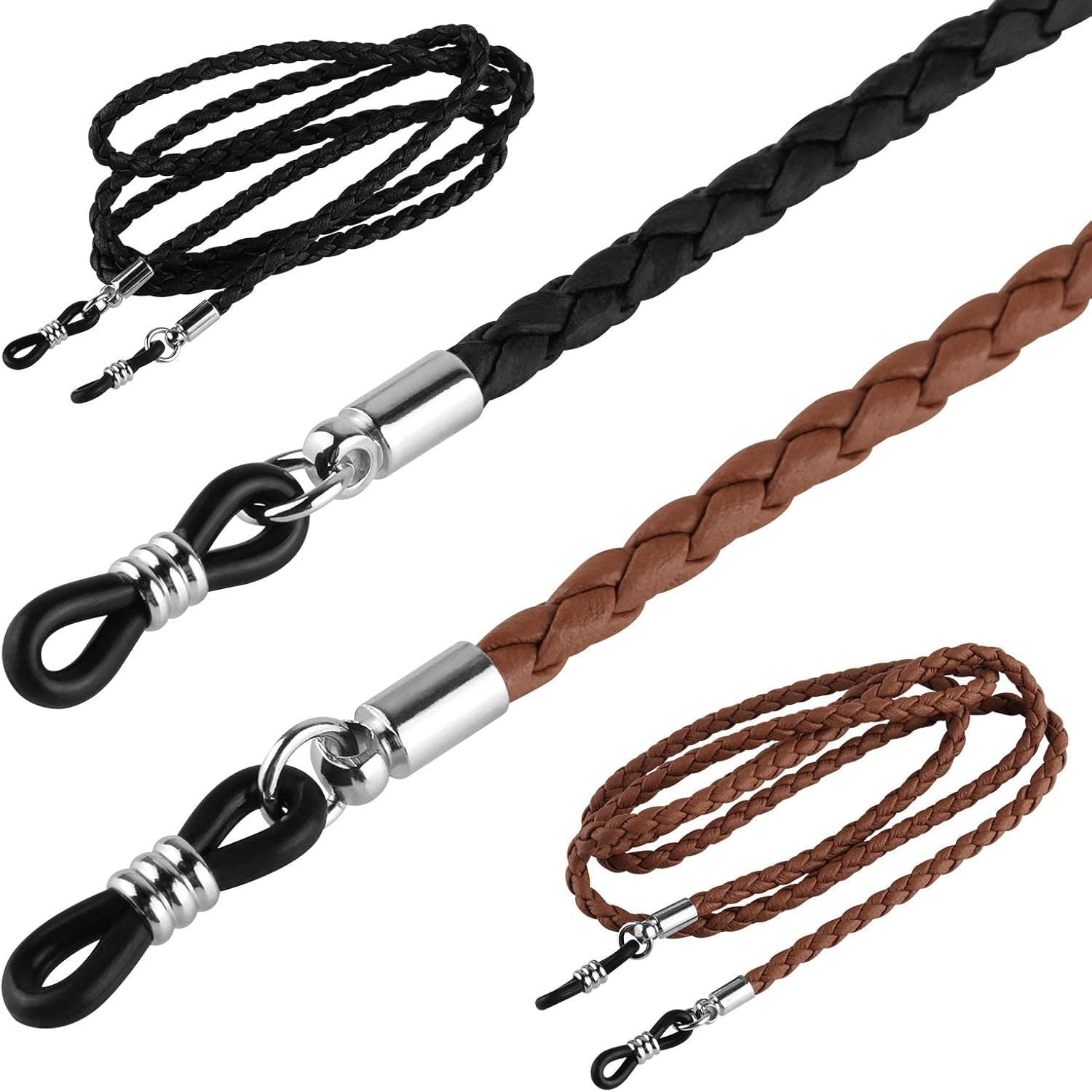 Eyeglass Strap, PLENTY PU Leather Eyeglass Retainer Eyewear String Anti-slip Holder Glasses Cord Black Brown Lanyard 2 Pack