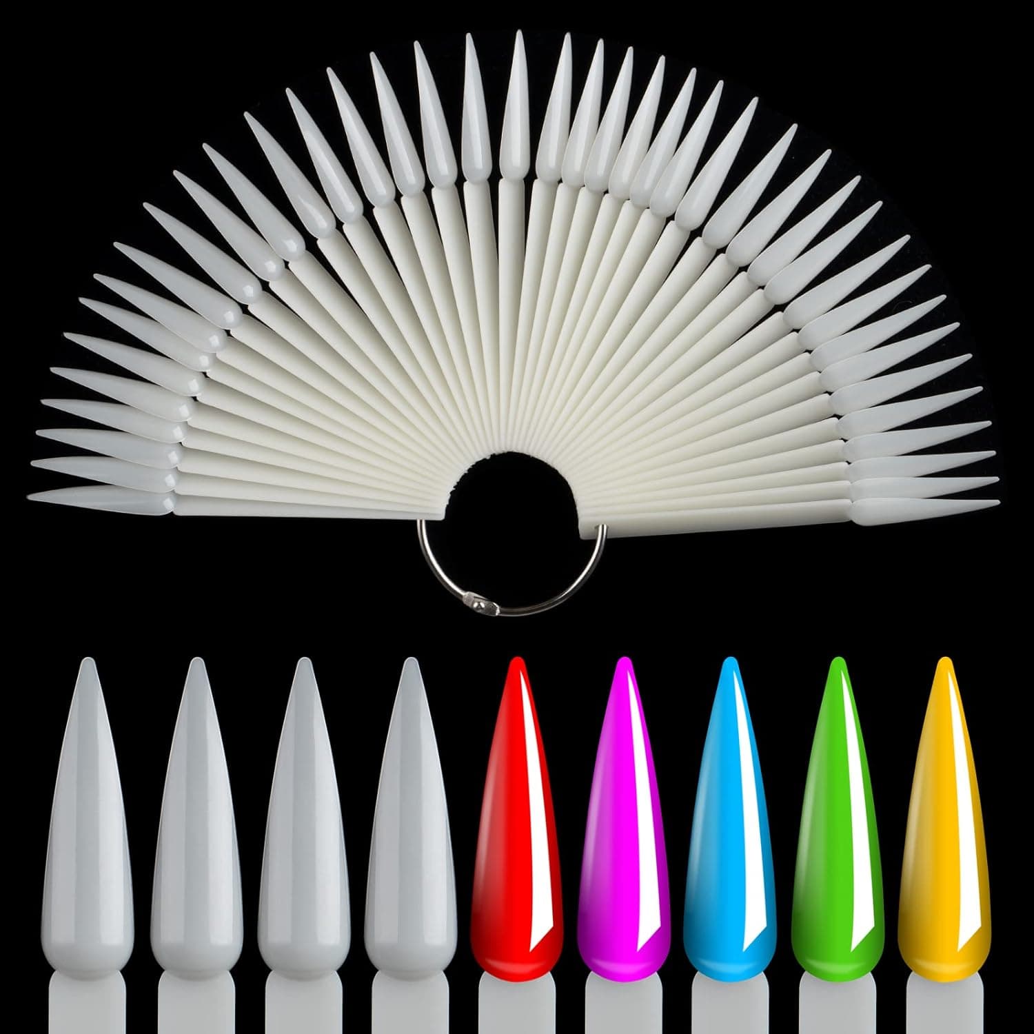 NMKL38 80pcs Stiletto Nail Sticks, Fan-shaped Nail Art False Tips Color Card, Gel Nail Polish Display Board, Detachable Practice Sticks Wheel with Ring Holder (Natural)