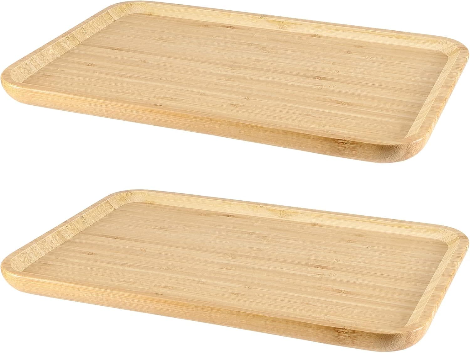 SEUNMUK 2 Pack 14 x 9 Inch Natural Bamboo Serving Tray, Rectangular Bamboo Serving Platter Tray Cheese Plate for Coffee Tea Fruit Dinner Eco-Friendly Wood