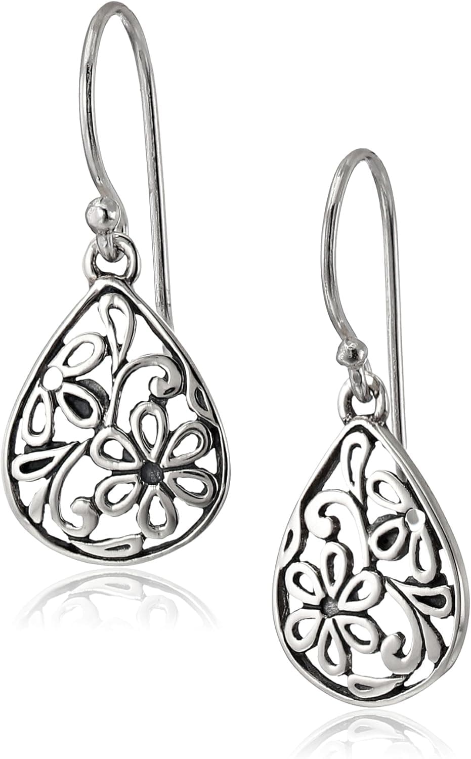 Amazon Collection Sterling Silver Bali Filigree Antiqued Teardrop Dangle Earrings
