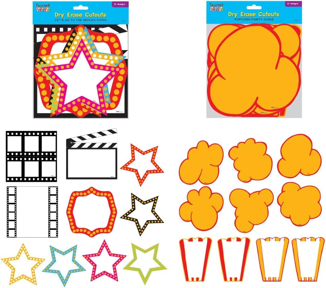 Dry Erase Movie Cutouts – 10 Pack (FLOMO) Movie Night Party Supplies,Hollywood Theme Party Decorations, Hollywood, Party Items, Popcorn Cutouts