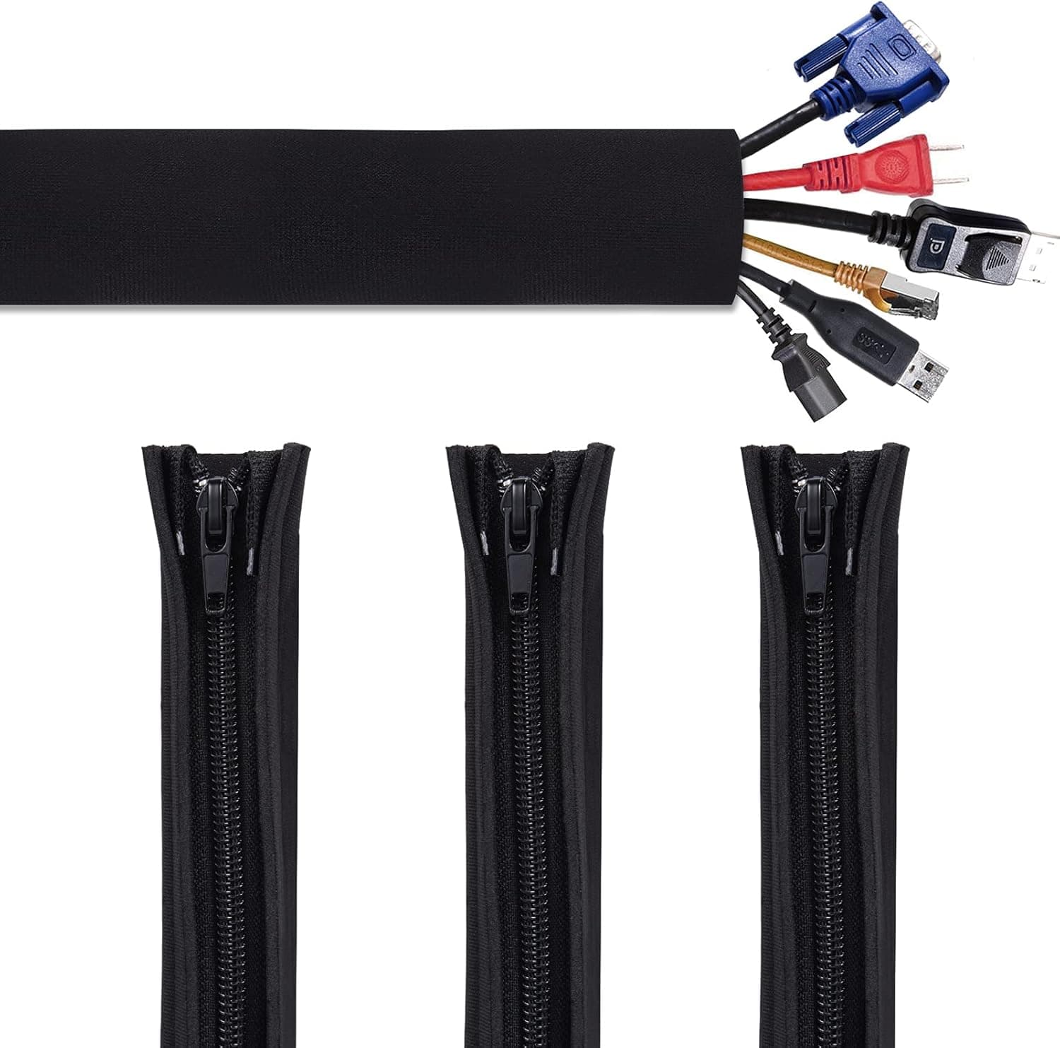 Bestfy Cord Organizer System Cable Management Sleeve, 19.5 inch, Wire Cover with Zipper, Cable Wrap, Cord Sleeves for TV, Computer, Office, Home Entertainment, 4 Pack