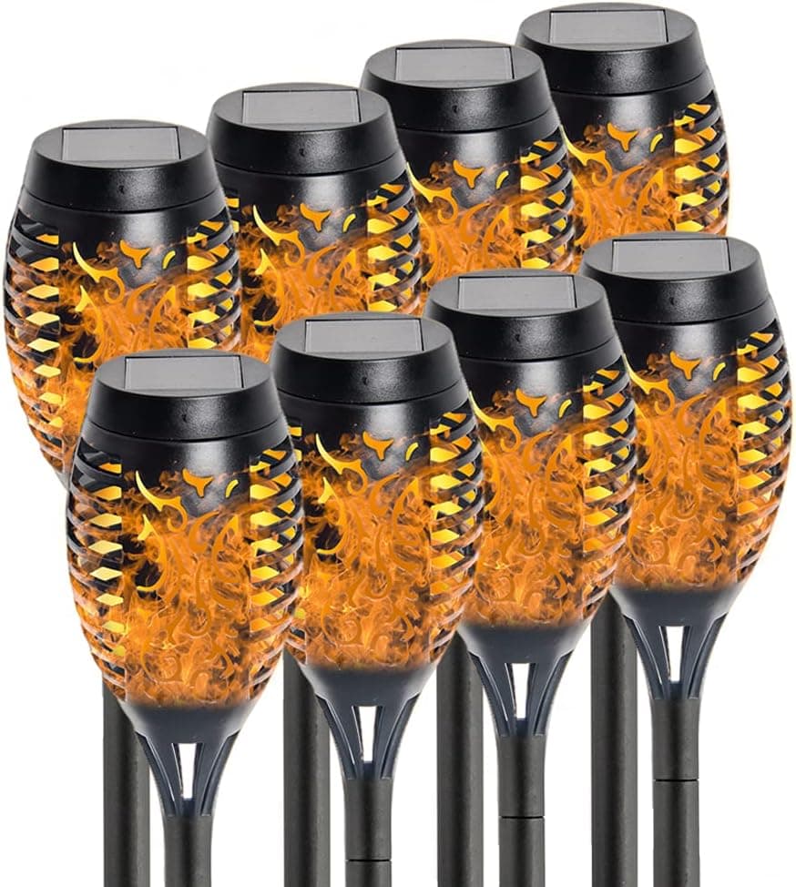 GLOWDAWN Solar Lights LED Flickering Flame Solar Torches Lights Waterproof Outdoor Lighting Solar Powered Pathway Lights Landscape Decoration Lighting for Garden Pathway Party - Auto On/Off, 8Pack