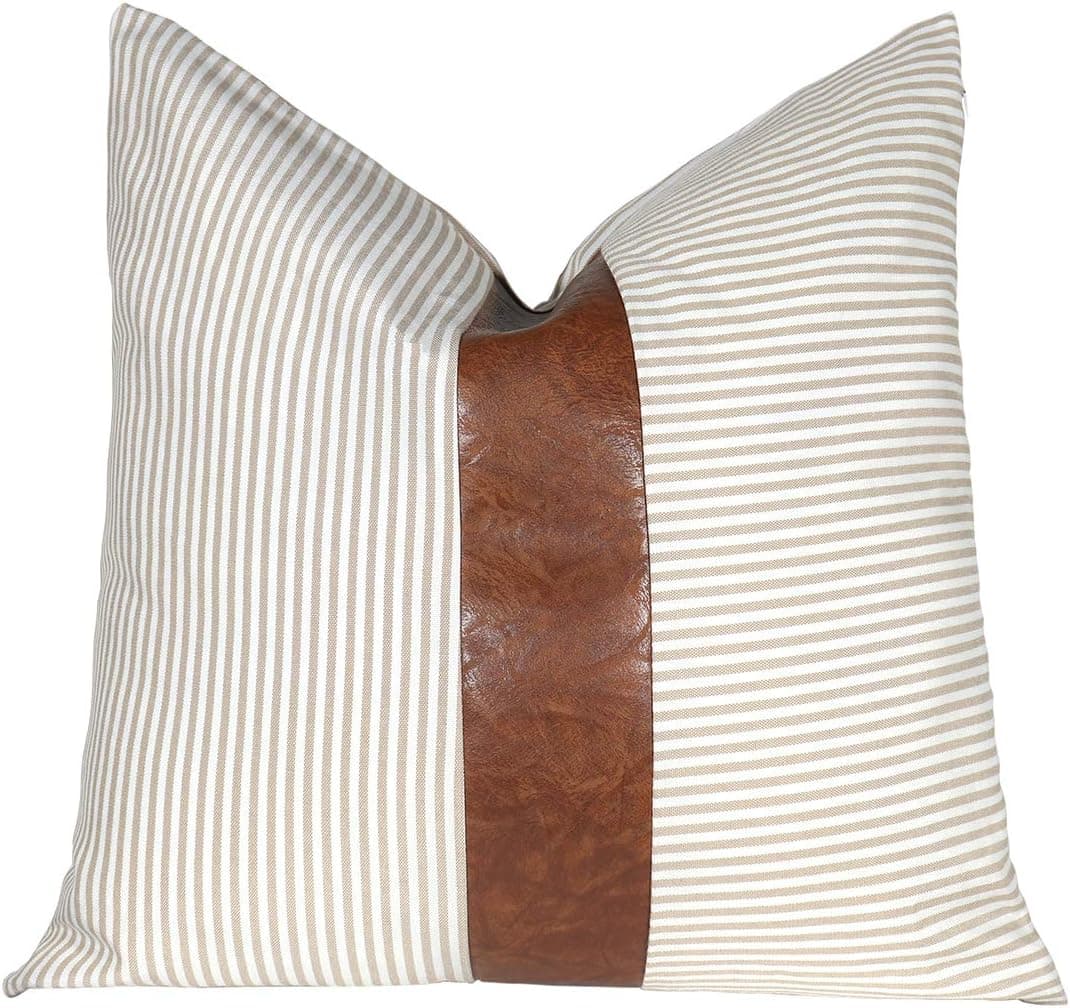 Kiuree Farmhouse Decorative Throw Pillow Covers 18x18 inch Cute Faux Stripe Leather Accent Pillow for Couch Boho Modern Decor Pillow (Coffee)