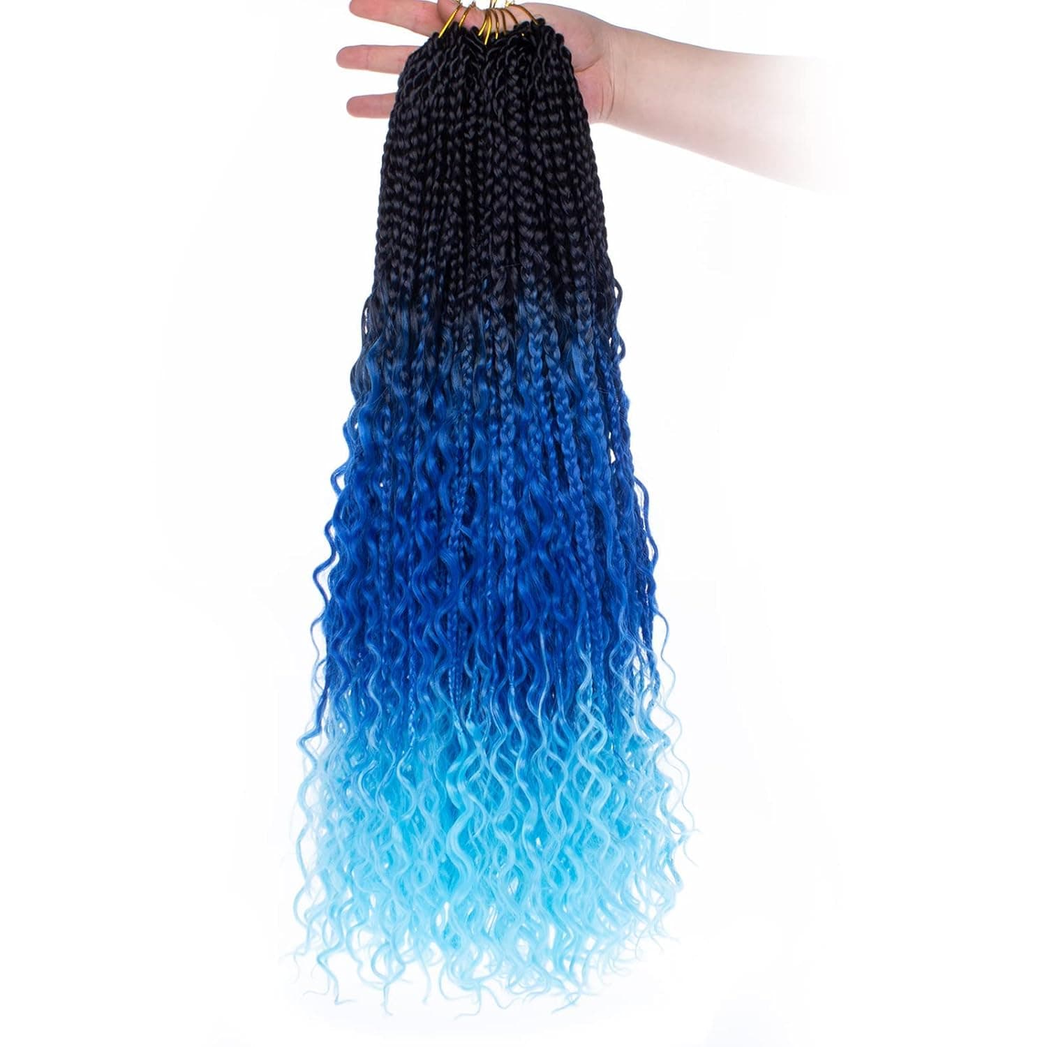 Unionbeauty 24 Inch Boho Box Braids Crochet Hair Curly Ends Goddess Box Braids Crochet Hair for Black Woman 8PCS Bohemian Hippie Braids Pre-looped Ombre Blue to Light Blue Synthetic Braiding Hair 48#
