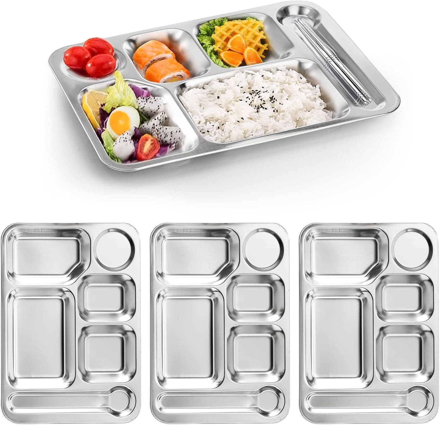 Fasmov 4 Pack Stainless Steel Rectangular Divided Dinner Tray, 6 Sections 304 Stainless steel Metal Plate for Adults, Picky Eaters, Campers, and Portion Control