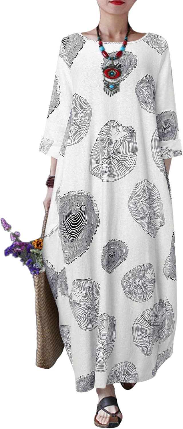 FLORHO Women's Maxi Dresses Solid Kaftan Loose Cotton Long Dress Improve for Americans
