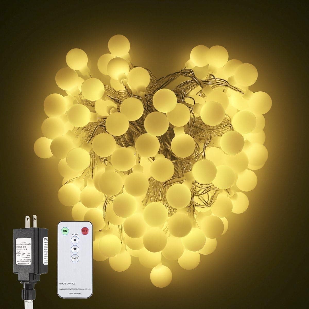 B-right Outdoor Globe String Lights, 100 LED 43.6ft Waterproof String Balls with 8 Modes Remote & Timer, 29V Safety Output UL Listed Power Adapter, Warm White