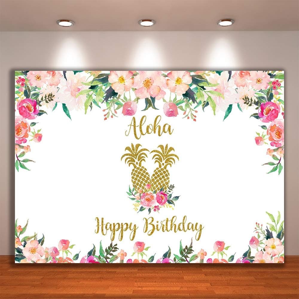 Crefelicid 7x5ft Aloha Happy Birthday Backdrop Pink and White Flowers Gold Pineapple Tropical Hawaii Luau Birthday Party Decorations Summer Birthday Photography Background