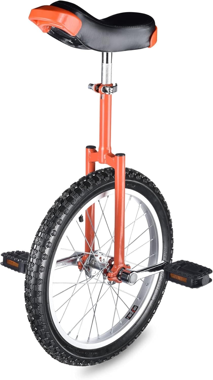 18-inch Wheel Rim Unicycle Orange w/ Saddle Seat Steel Fork Cranks Frame Rubber Tire for Adult Teen Cycling Exercise Bike Ride On Off Road Street Mountain Trail