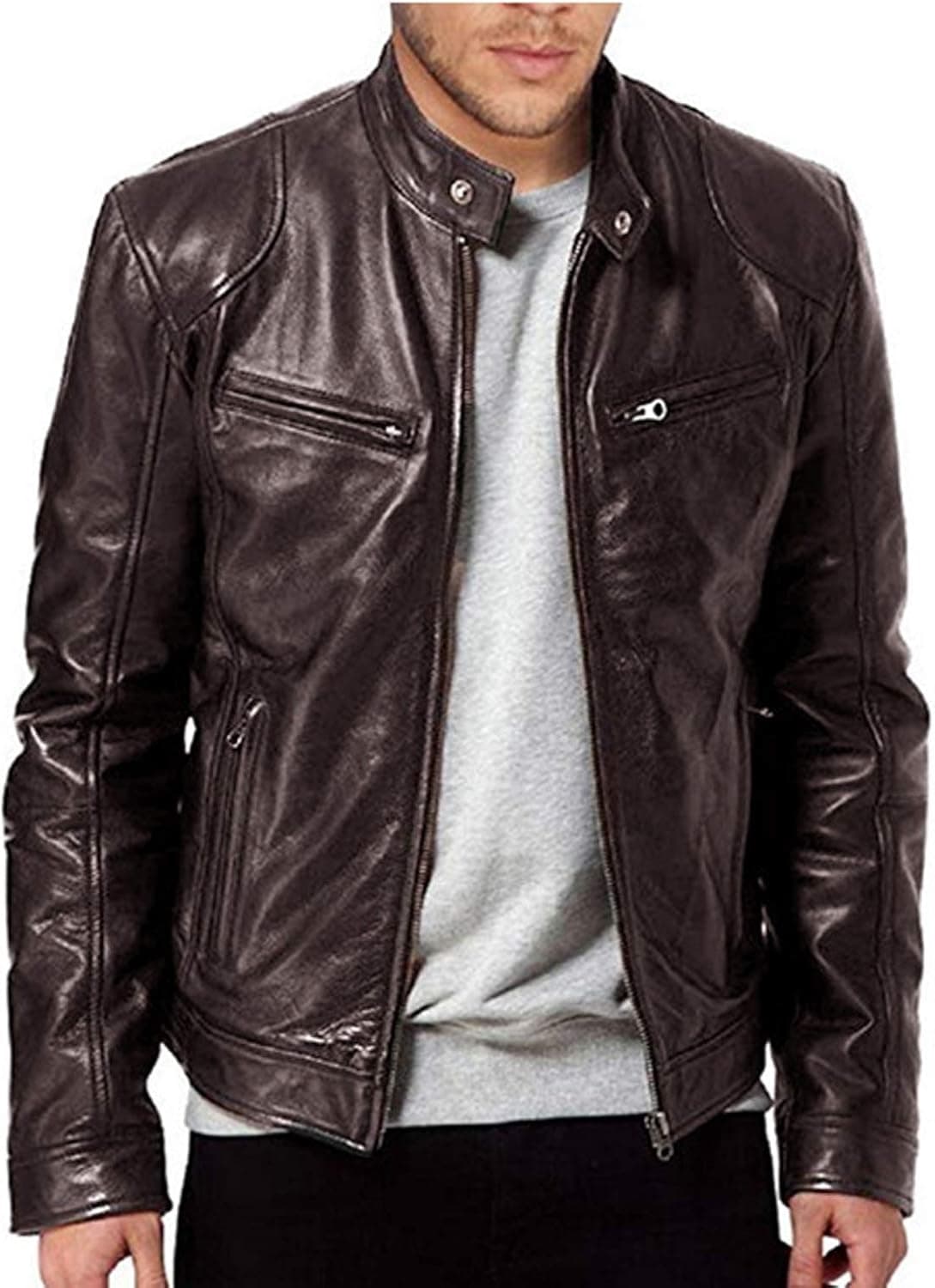 Men Casual Vintage Slim Zip Faux Leather Jacket Long Sleeve Stand Collar Multi-Pocket Coat Fall Winter Warm Outwear