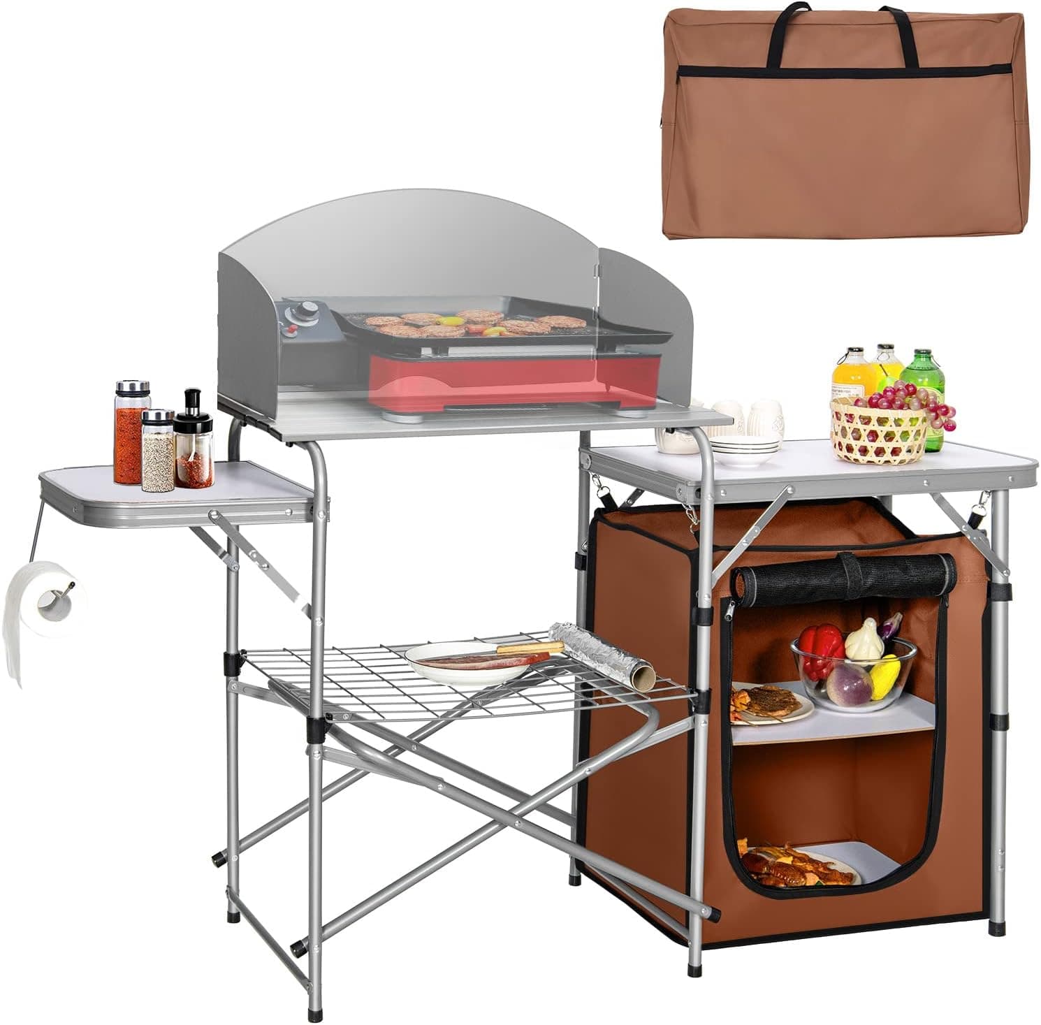 GYMAX Camping Table, Folding Grill Table with Washable Storage, Detachable Windproof Windscreen, Tissue Holder & Carrying Bag, Camping Kitchen Station for Outdoor Cooking Picnic BBQ Backyard (Brown)