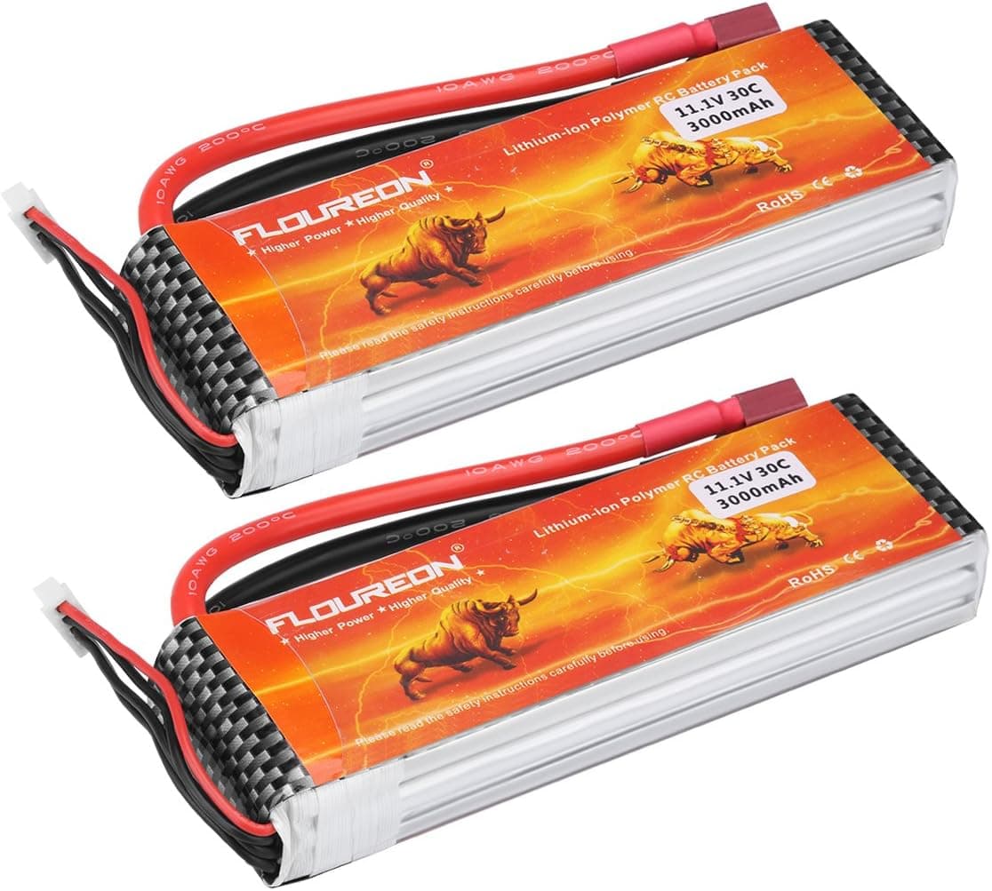 FLOUREON 3S Lipo RC Battery 11.1V 3000mAh 30C Lipo Batteries with Dean-Style T Plug for RC Airplane, RC Helicopter, RC Car, RC Truck, RC Boat, Buggy, Jet, or Quad, Including FPV Setup, 480 FPV(2pack)