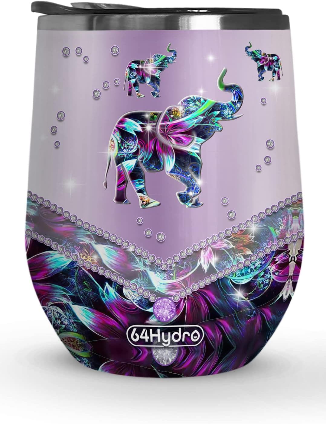 64HYDRO 12oz Printed Jewelry Style Elephant Lover Inspiration Motivational Gifts Insulated Wine Tumbler With Lid - Stainless Steel Wine Glass Mug Cup For Travel, Office, Home - ABLZ2409003Z