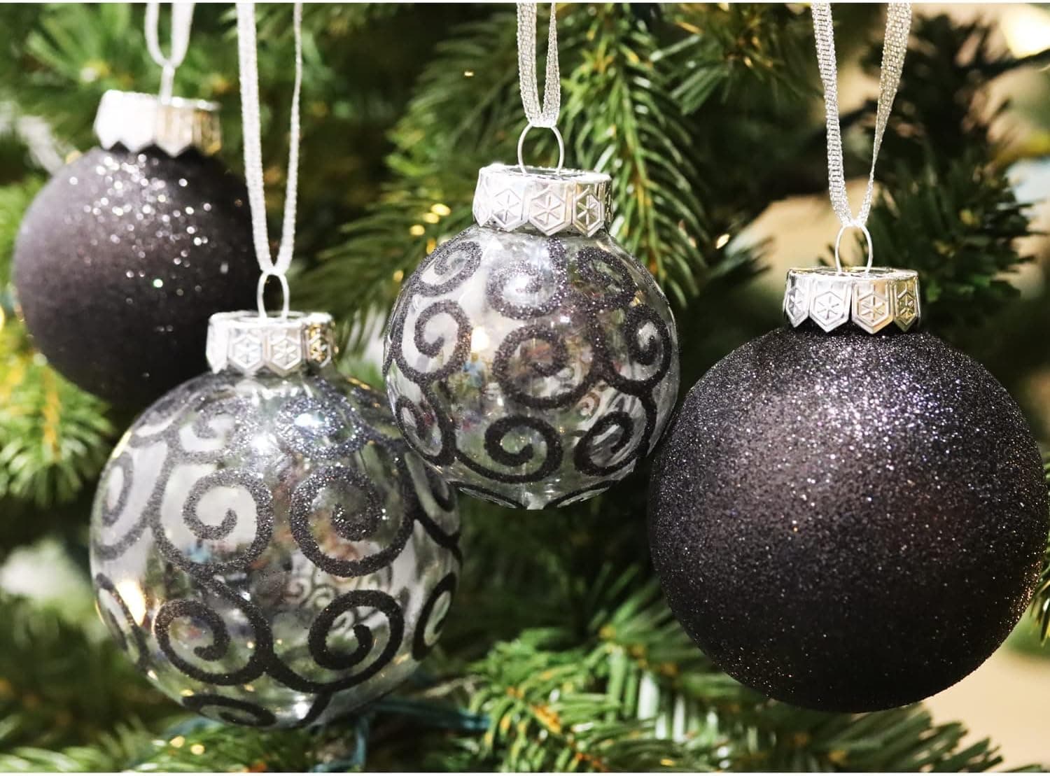 Sleetly Black Christmas Ball Ornaments 2023 Set for Tree Decorations - Shatterproof Large and Small Christmas Balls, Snowball and Clear Swirl with Ribbon Hangers