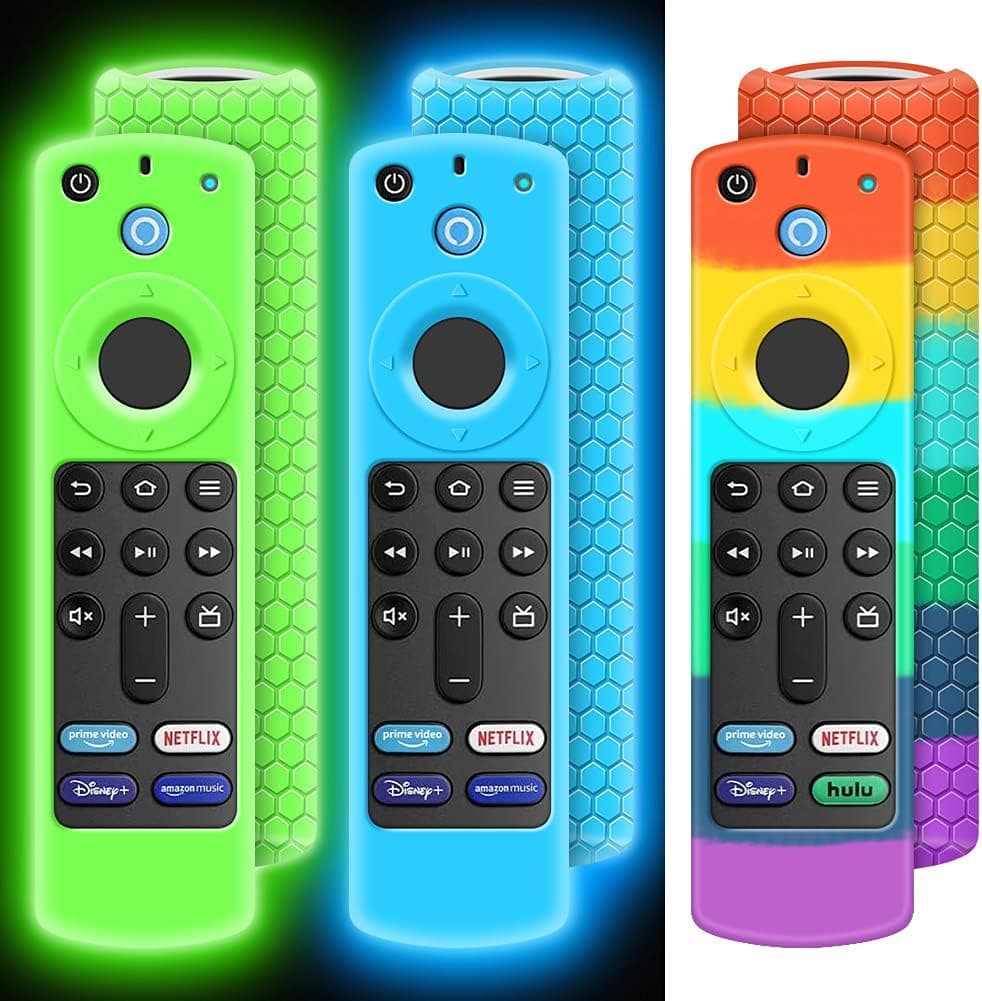 3 Pack Cover for Fire TV Stick 3rd Gen 2021,Case for Alexa Voice Remote Control Replacement Firestick 4k Silicone Sleeve Holder Skin Protective Back Piece New Protector(Glow Blue,Glow Green,Rainbow)