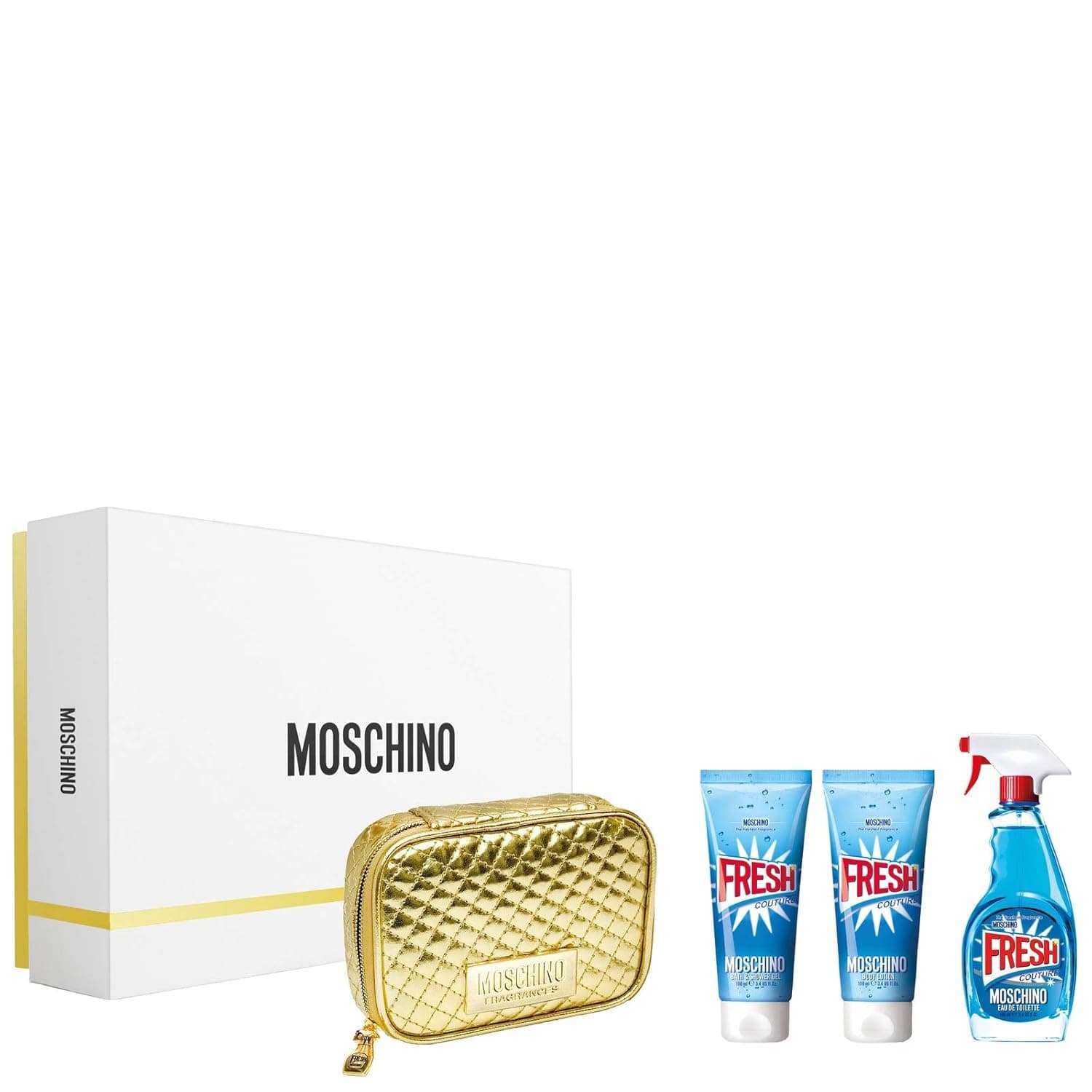 Moschino Fresh Couture for Women 4 Piece Gift Set (3.4 Eau De Toilette Spray / 3.4 Body Lotion /3.4 Body &Shower Gel/Golden Toiletry Bag)
