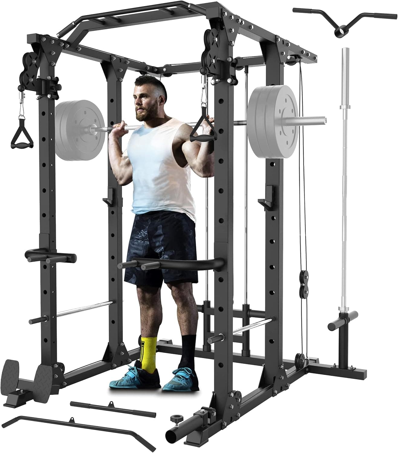 MAJOR LUTIE Power Cage, 1400 lbs Capacity Power Rack Commercial Multi-Function Weight Cage with Adjustable Cable Crossover System and Landmine, Garage & Home Gym(Gray)