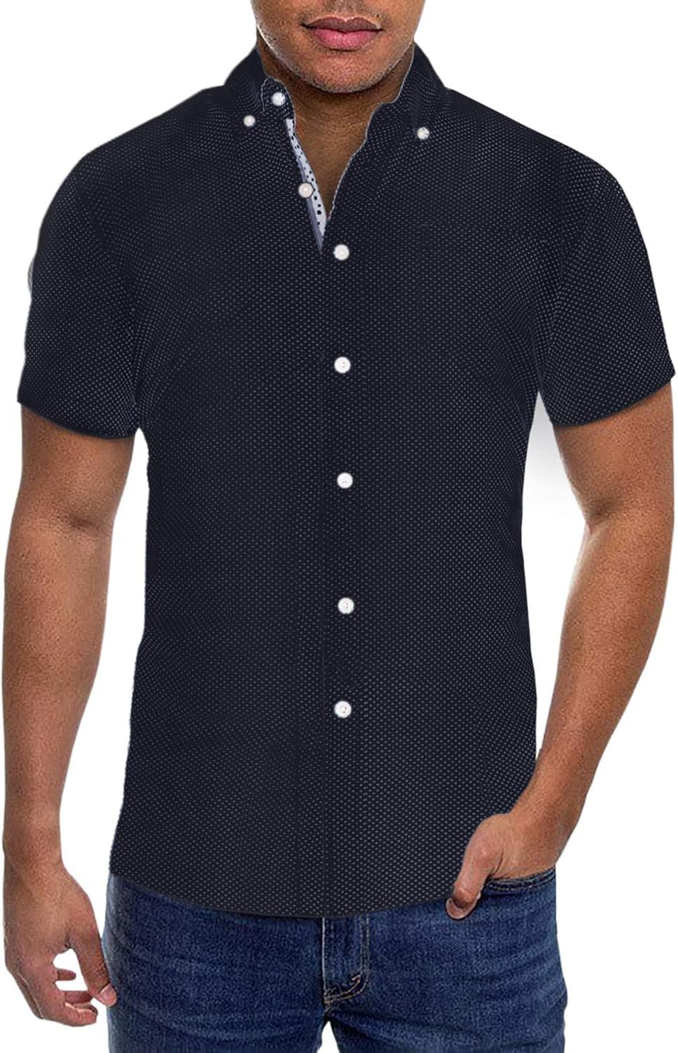 ETHANOL Mens Slim Fit Short Sleeve Button Down Polo Tech Stretch Printed Shirt