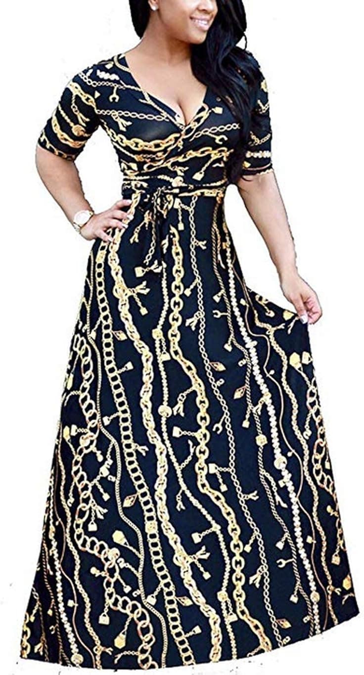 Locryz Women's V Neck 3/4 Sleeve African Floral Printed Party Loose Long Maxi Dress with Belt S-3XL