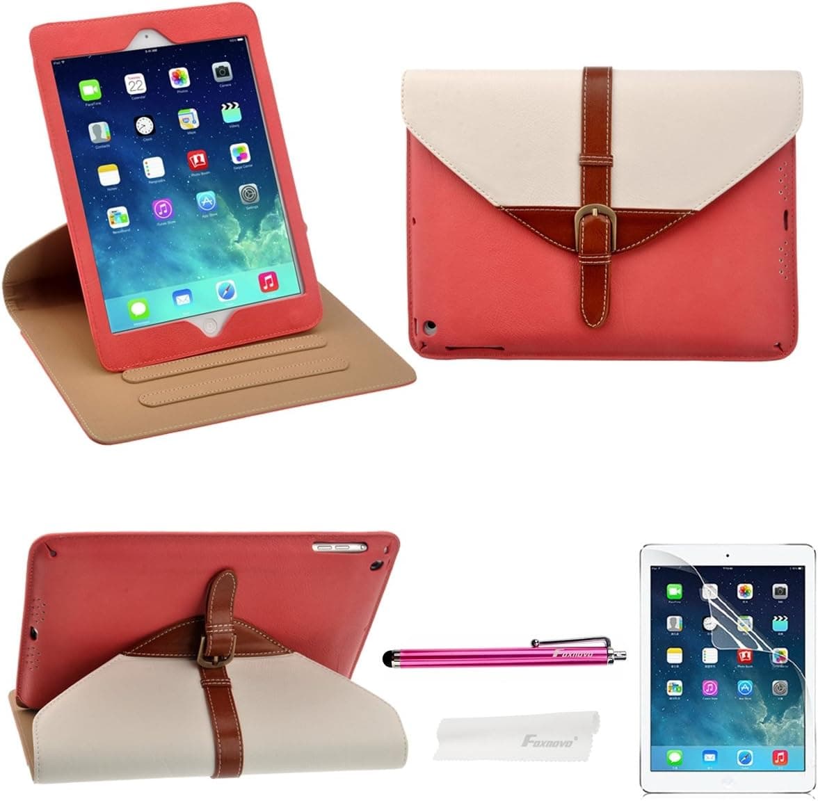 Foxnovo 4 in 1 Briefcase Style 360 Degree Rotating Stand Sleep /Wake-up Smart Cover PU Leather Case for iPad Air /iPad 5 (White+Pink)