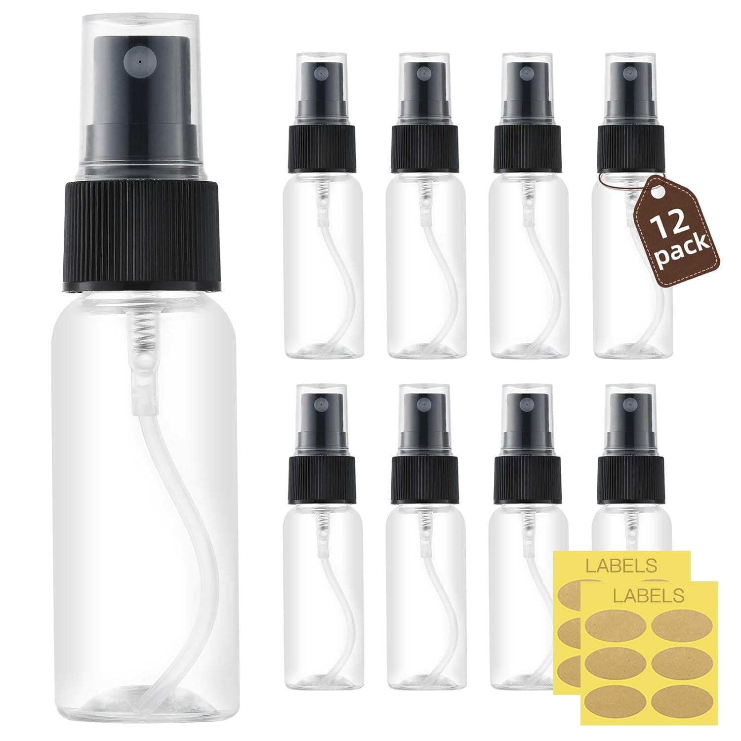 LISAPACK 1oz Small Plastic Spray Bottle (12 Pack) Empty Mini Fine Mist Travel Size Atomizer, Tiny Sprayer for Little Perfume, Water, Cologne, Alcohol, Samples (Clear, 30ml)