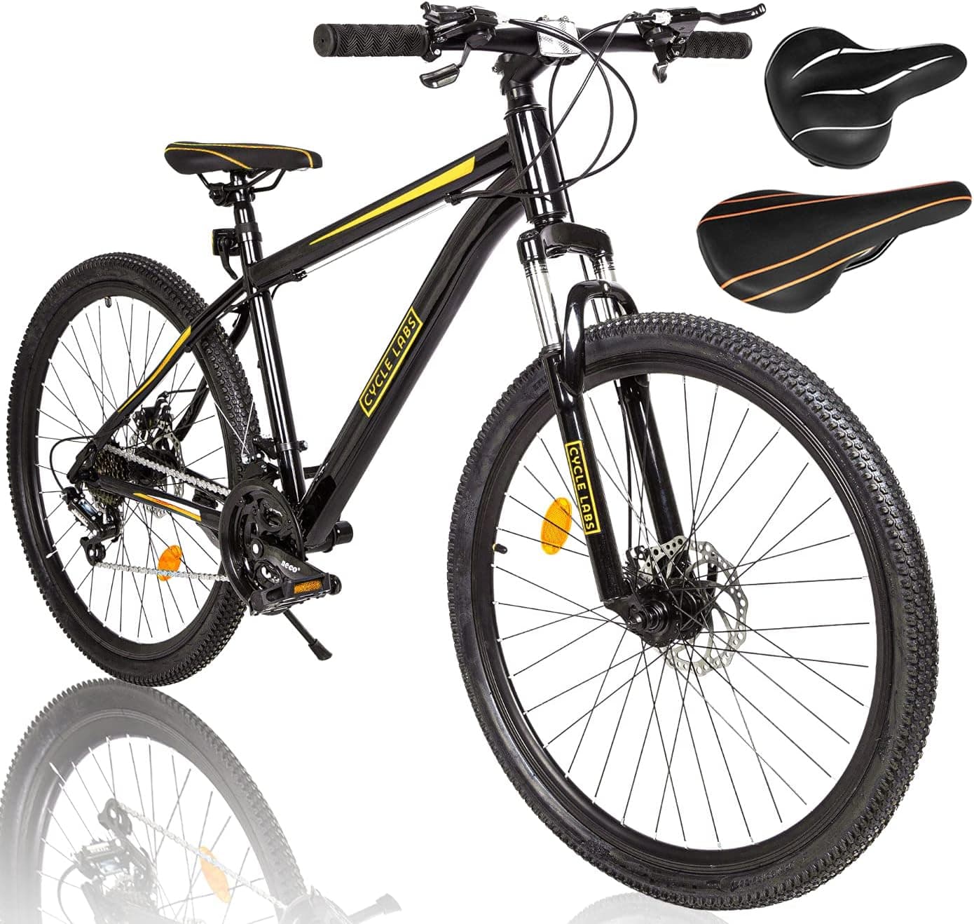 Cycle-Labs (US Based Business) 27.5 Inch Mountain Bike 21 Speed for Men Women Adult Hard Trail Front Suspension Disc Brakes Aluminum Steel Frame - Black & White