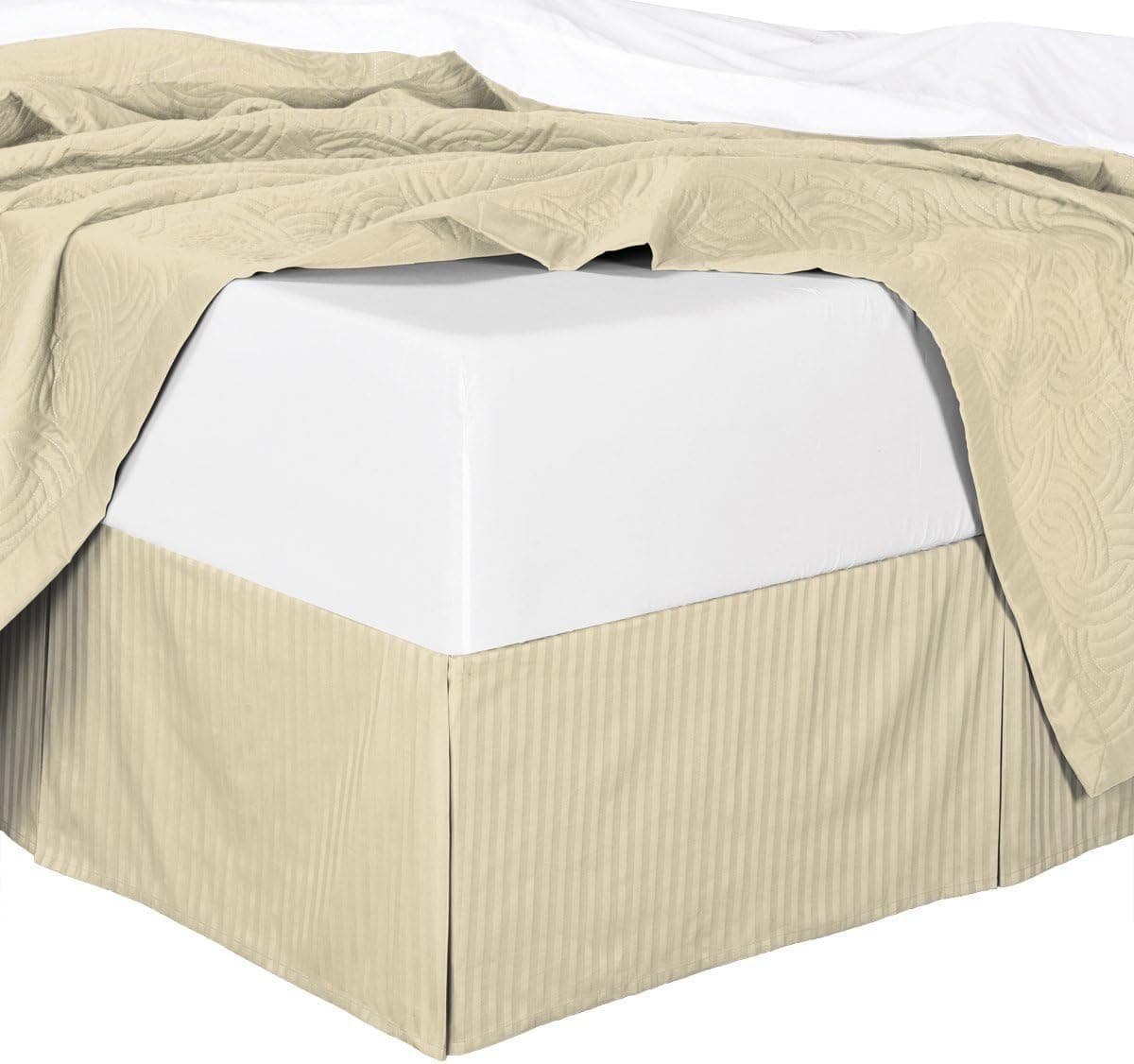 300tc Cotton Stripes Pleated Tailored Bed Skirt with 15 Inches Drop and Split Corners (Queen, Beige)