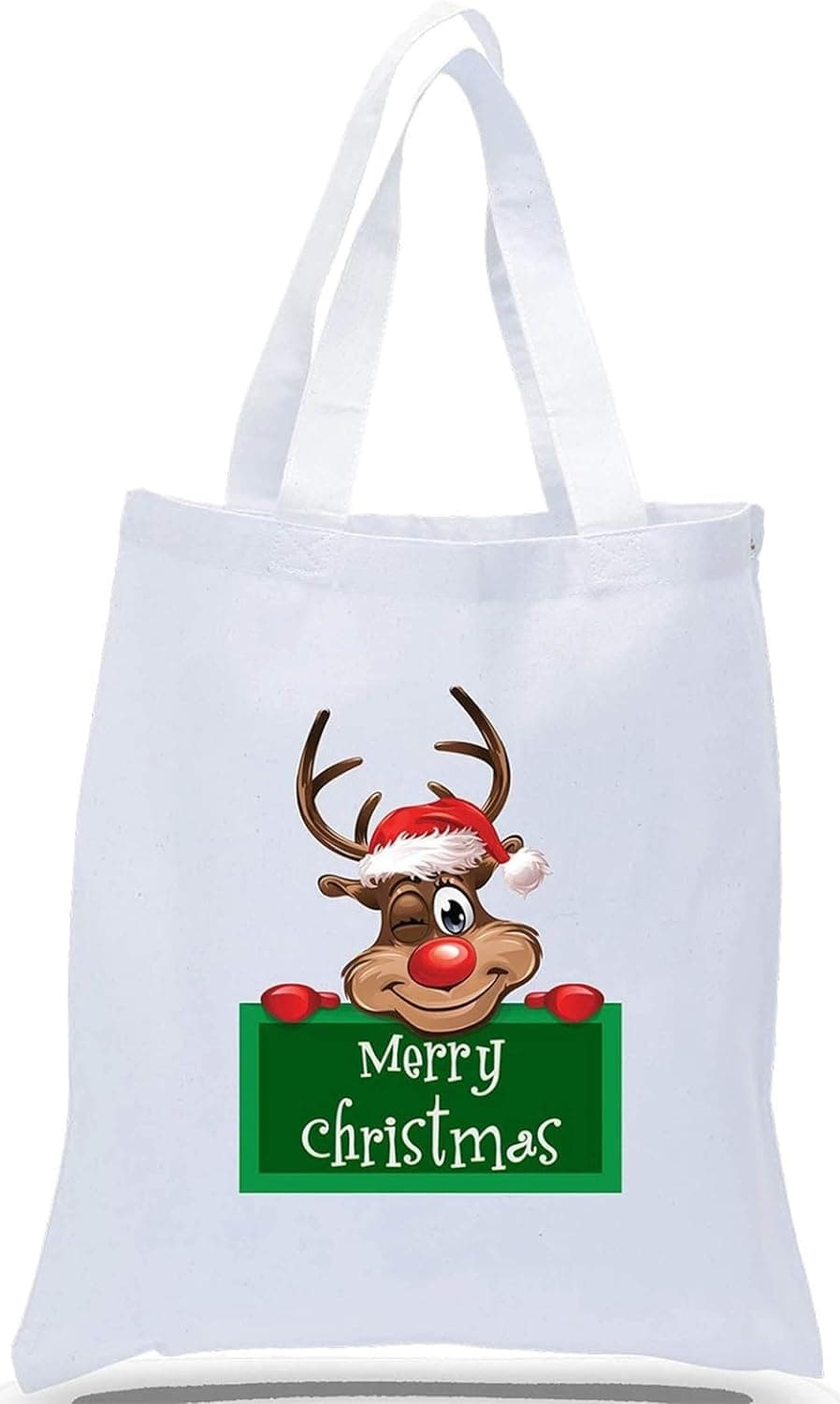 Rudolph Sign Merry Christmas Tote - Reusable Cotton Christmas Tote Bag, Reusable Gift Bags, Christmas Gift Bag