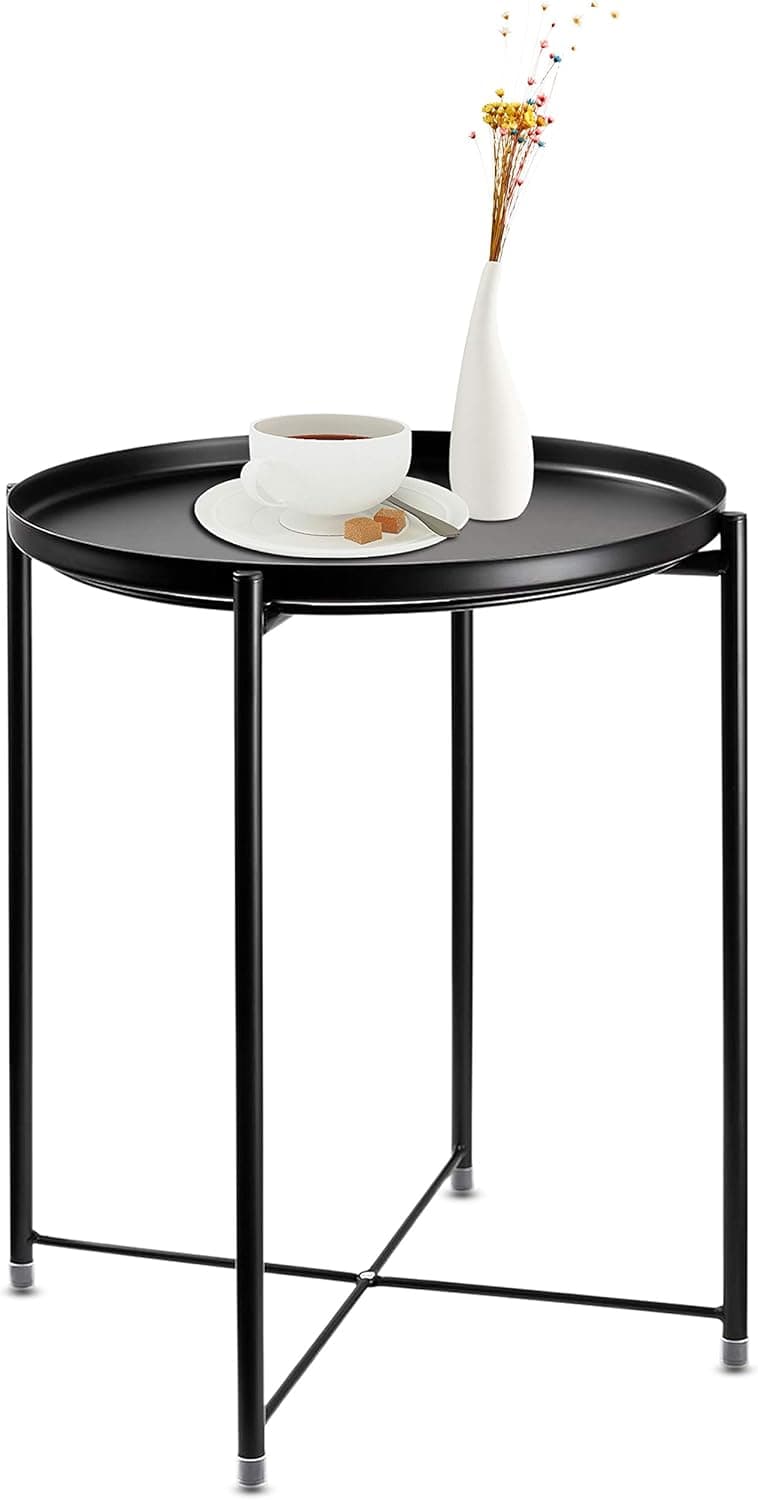 WeGuard Tray End Table, Round Metal Tray Table Side Sofa Table Indoor Snack Coffee Table (Black)