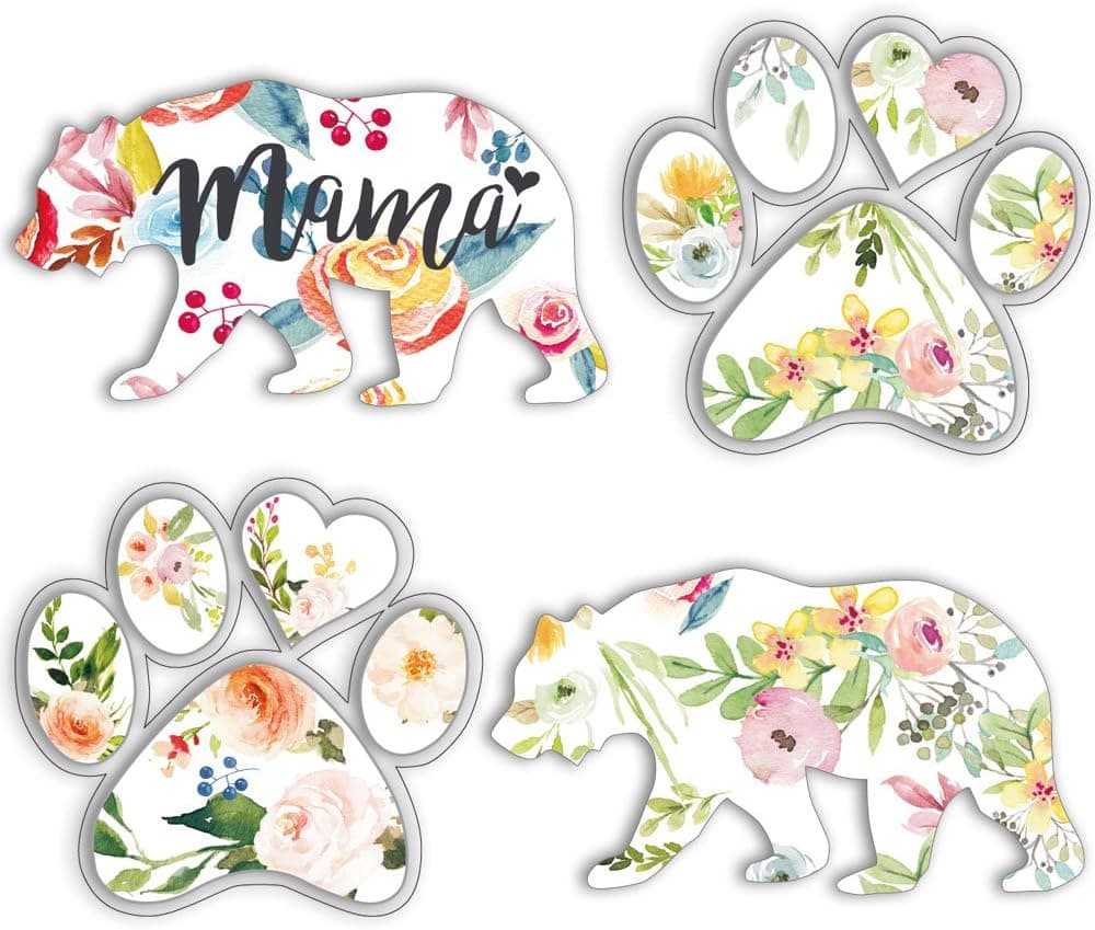 IARTTOP Floral Paw Print Sticker, Footprint Sticker, Bear Decals for Laptop, Flower Animals Wall Sticker, Car Windows Vinyl Decal, Bumper Sticker Home Decoration