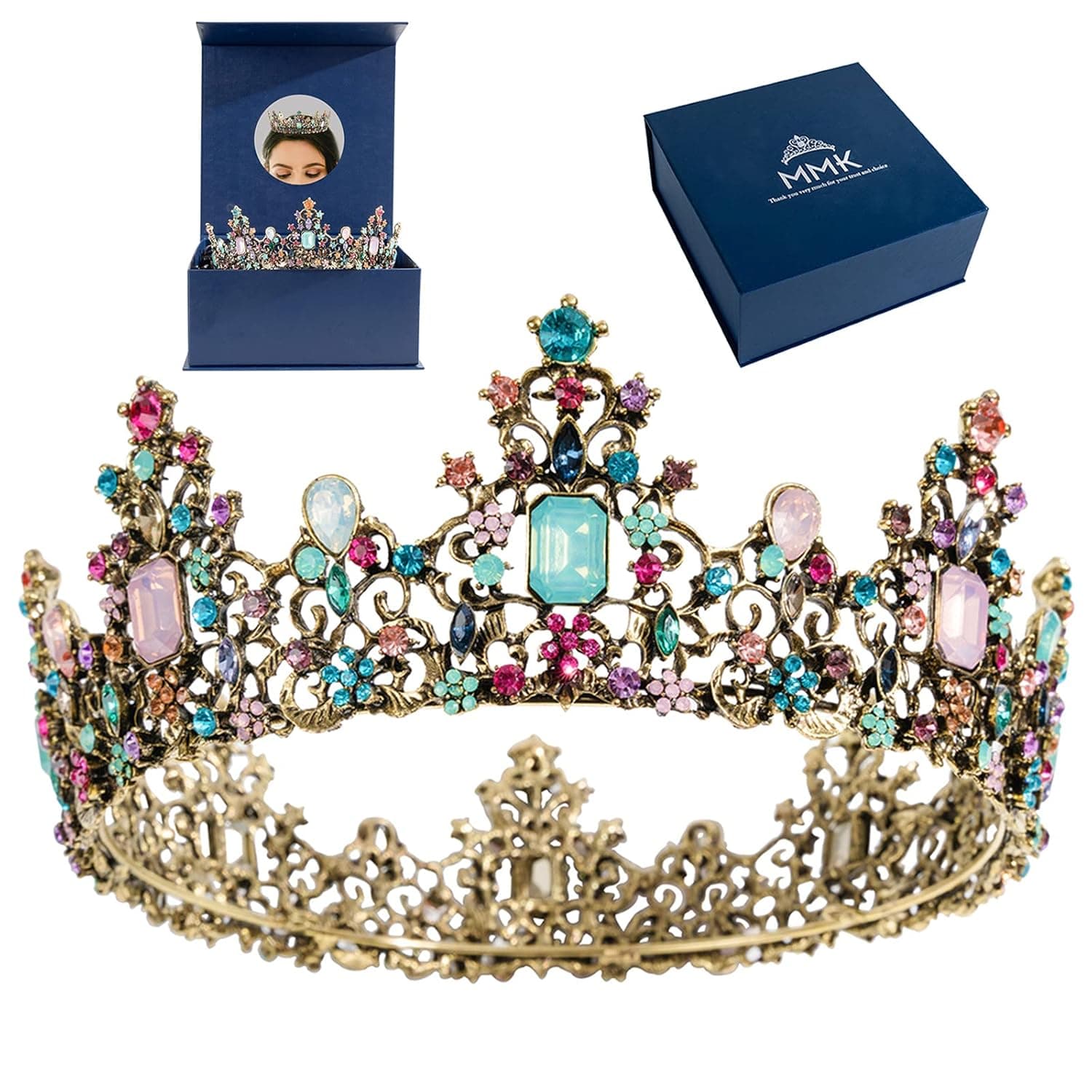 MMK Vintage Baroque Princess Crown Girl - Noble Girl Crown - Exquisite Queen Round Birthday Crown, Wedding Birthday Celebration Cosplay Party Costume Party Hair Accessories (Colored Crowns)