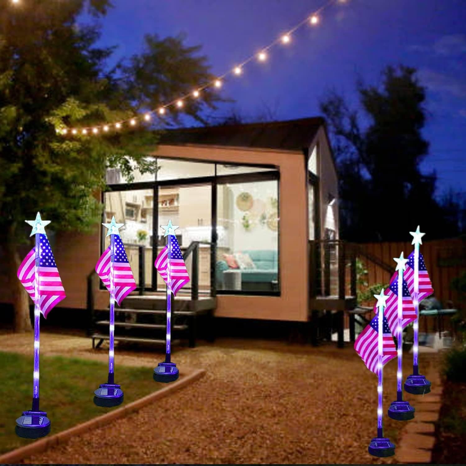 4PCS Christmas American Flag Lights 4th of July Solar Patriotic Lawn Light, Garden Stake Light LED Landscape Light Pathway Light for Independence Day Memorial Day Decor(Color Changing-Star)