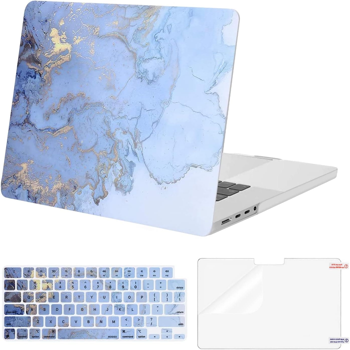 MOSISO Compatible with MacBook Pro 16 inch Case 2023 2022 2021 Release M2 A2780 A2485 M1 Pro/Max Chip with Touch ID, Plastic Watercolor Marble Hard Shell&Keyboard Cover&Screen Protector, Blue