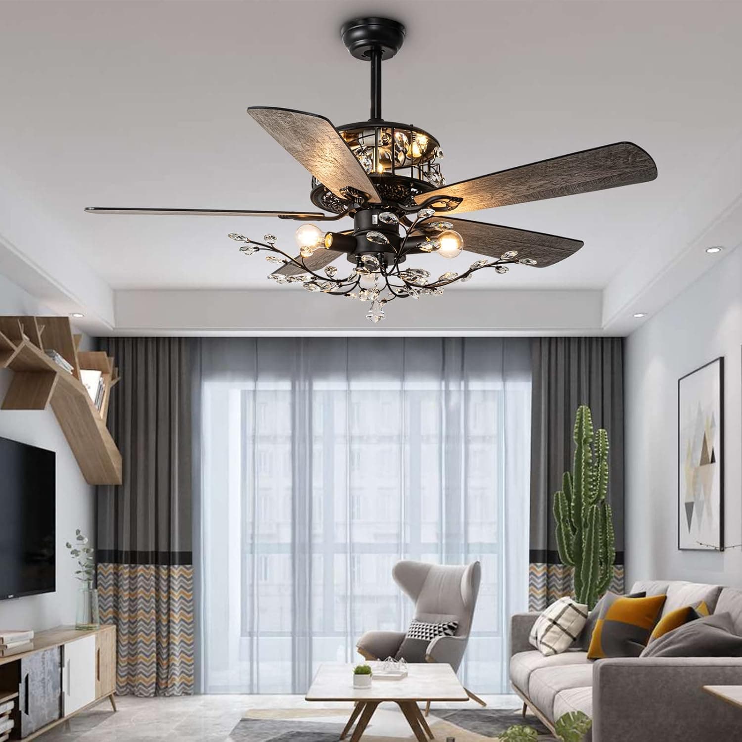 Tropwellhouse Crytal Ceiling Fan with Lights 5 Wood Reverse Blades, Unique Crystal Light Frame Chandelier Ceiling Fans for Modern Living Room/Bedroom, 3 Speed Remote Control, 52Inch