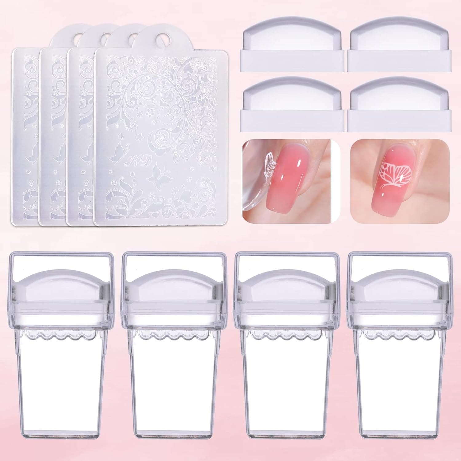 Makartt 12 PCS French Nail Stamper Kit French Tip Nail Tool With 4 PCS Silicone Nail Stamper Replaceable Stamper Head and Nail Scrapers Clear Nail Jelly Stamper for Gel Nail Polish DIY Manicure