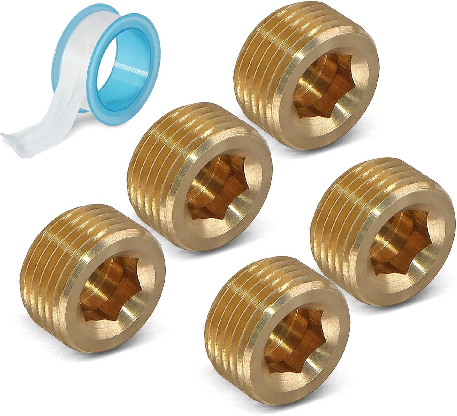 LifCratms 3/8" NPT Male Plug, Brass Internal Hex Thread Pipe Plug, Hex Countersunk Head Plug Socket Pipe Fitting Kit (Pack of 5)