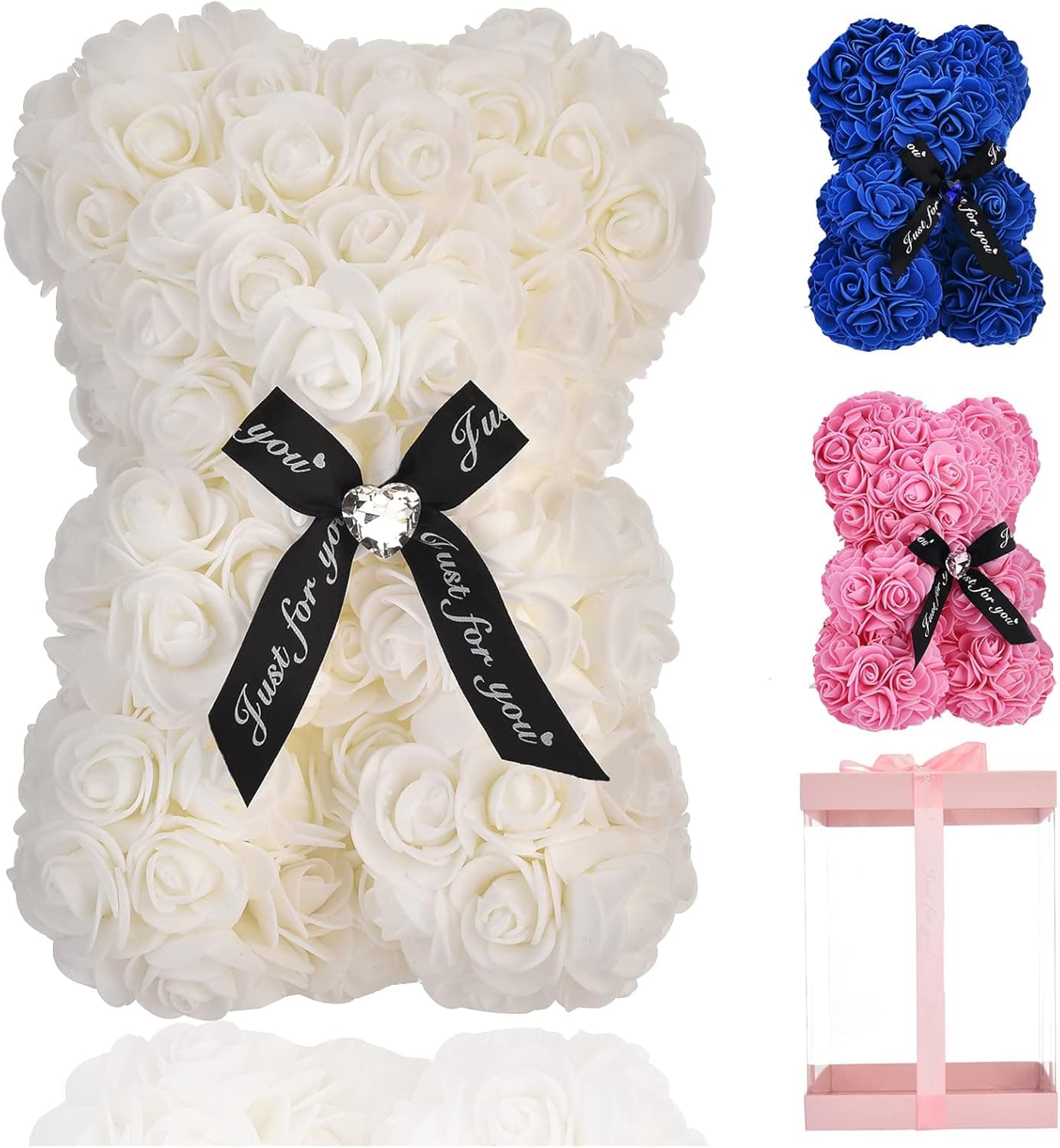 Lgv Rose Bear, Rose Teddy Bear, Rose Flower Bear for Valentine's Day, Christmas, Birthday Gifts for Her Mom Female Wife with Artificial Heart-Shaped Diamonds Rose Flower Bear