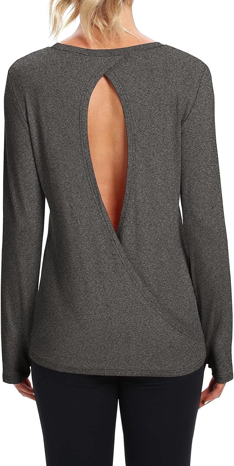 Mippo Womens Long Sleeve Workout Yoga Tops Loose Fit Open Back Shirts with Thumb Hole