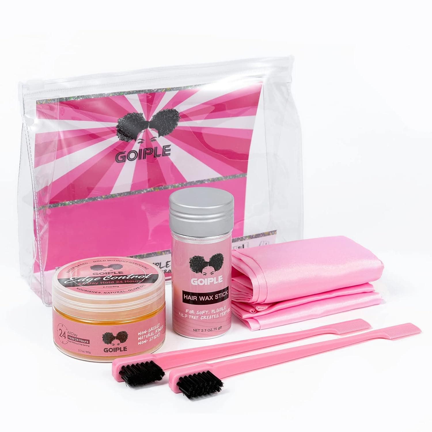 Edge Control Wax Hair Wax Stick for Wigs Strong Hold Non-greasy for Fly Away & Edge 2.7oz+2.7oz with Edge Brush and Edge Scarf (Pink Styling Set)