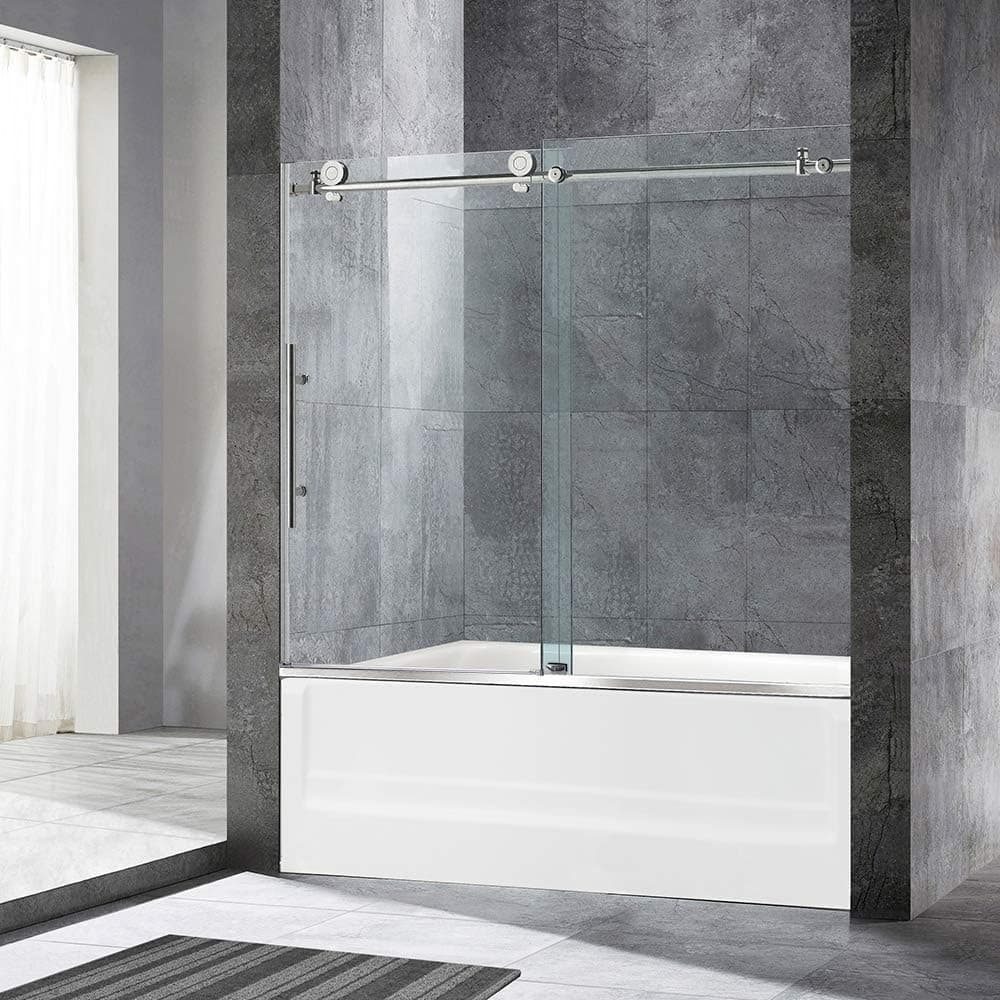WOODBRIDGE Frameless Bathtub Shower Doors 56-60" Width x 62"Height with 3/8"(10mm) Clear Tempered Glass in Brushed Nickel Finish