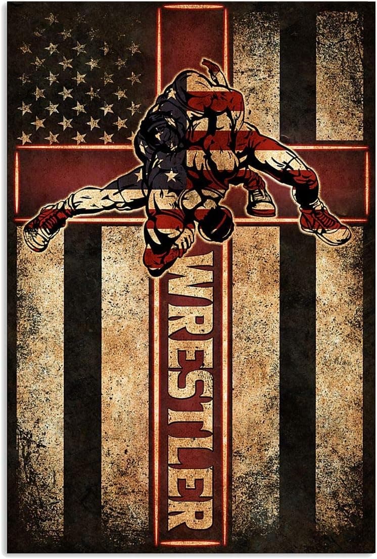SIMAN Signs Wall Decor Wrestler Wrestling Flag Vintage Hanging Plaque Signage Posters for Home Background Decorations 8 x 12 Inches