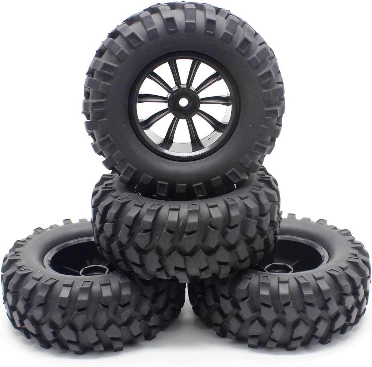 Hosim 1/10 RC Metal Black Rear Spare Tyre Tires and Wheels Rims 12mm Hex Hub 4mm Offset 95mm Width for 1/10 Scale Hobby RC Crawler Buggy Car Pack of 4 (Not Glued)