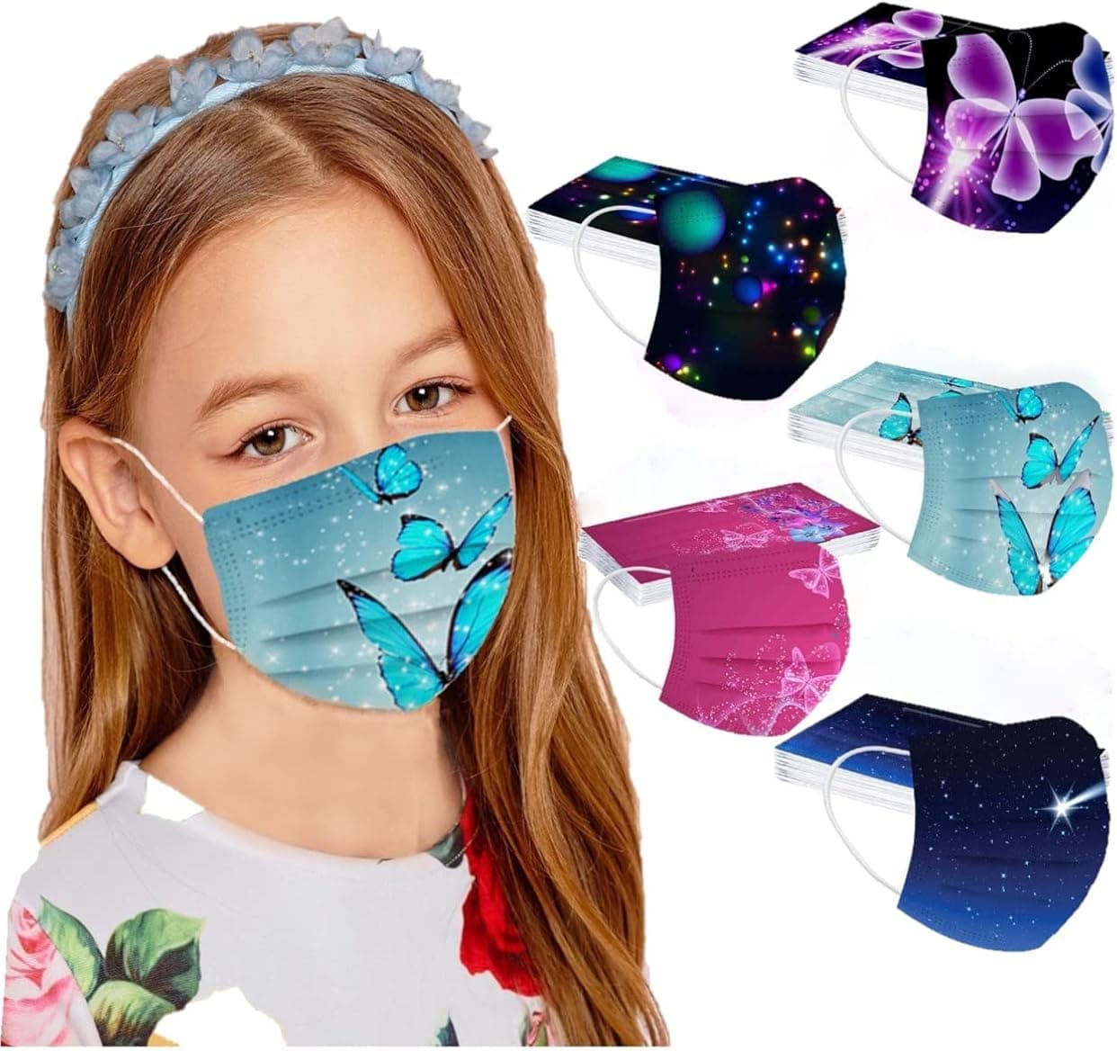 50 Pcs Colorful Disposable Face_ Masks for Kids , Cute Cartoon Butterfly Print Design, 3-Ply Breathable Nonwoven for Children Boys Girls School Daily Use